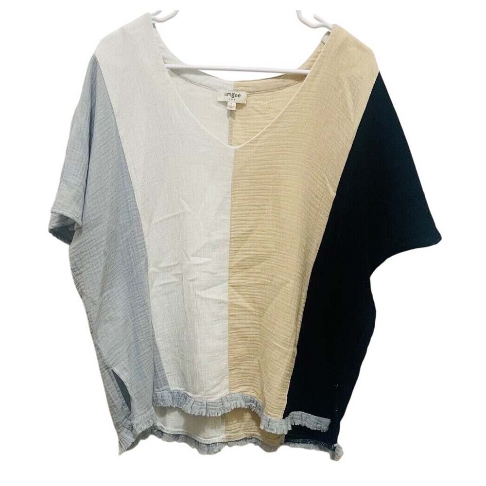 Umgee Color Block Fringe Hem Top Short Sleeve V-Neck Casual Boxy Fit Small